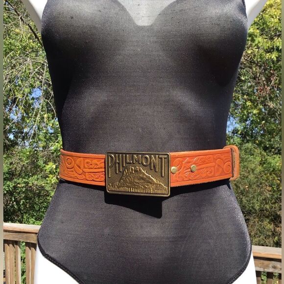 Philmont Cimarron N. M. Tooled Western Style Belt Brass Belt Buckle Size 34 - Picture 10 of 10